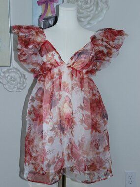 Pink Floral Chiffon Mini Dress with Ruffle Sleeves